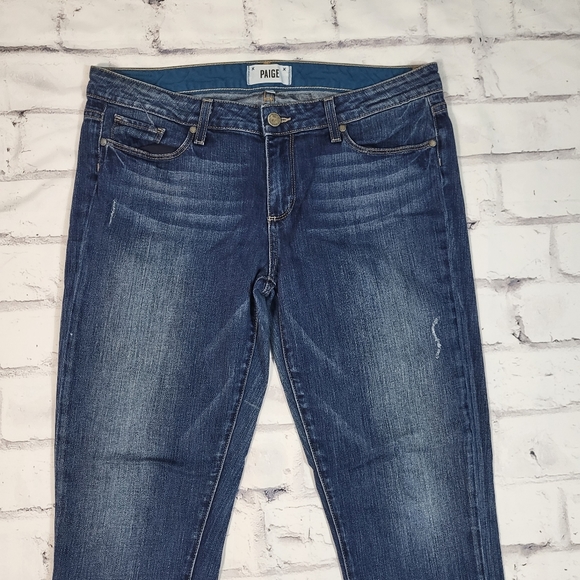 PAIGE Dark Stone Wash Skinny Midrise Distressed Denim Jeans Size 31 - Picture 3 of 4